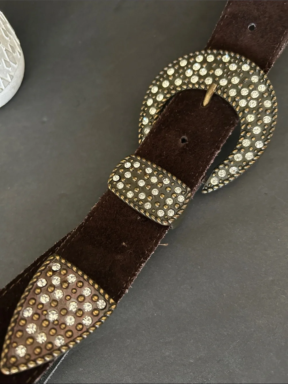 Jennifer Behr Brown Suede Belt with Crystal-Encrusted Buckle